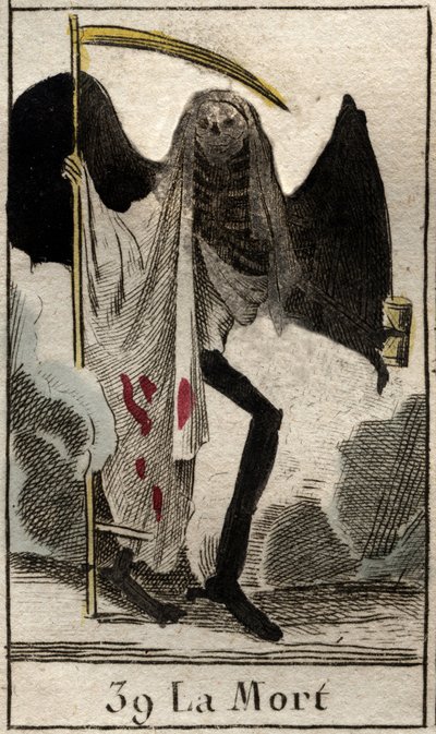 死神的代表，身穿黑衣和翅膀的骷髅，他拿着一把大假。(死神，有翅膀的骷髅，身着黑衣，手持镰刀）出自皮埃尔-布朗查德1803年的《青年神话》。 作者 法语学校