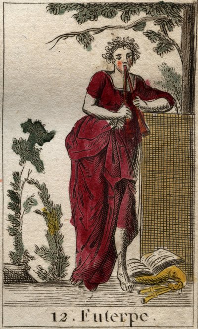 表现音乐的缪斯Euterpe，被音乐书包围着，吹着双笛（aulos）（Euterpe，音乐的缪斯，描绘着手持双笛（aulos））。摘自皮埃尔-布兰查德1803年的《青年神话》。 作者 法语学校