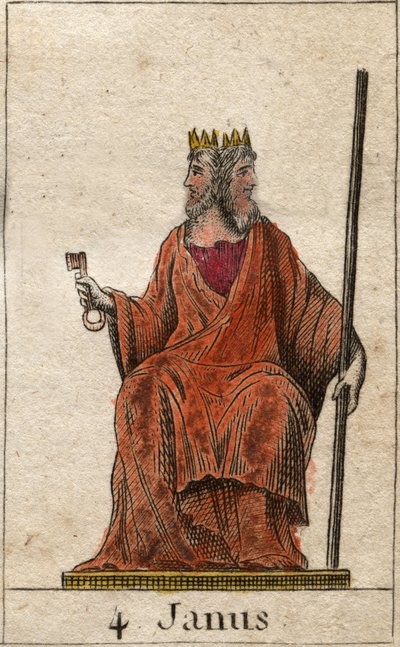 Janus 的代表，开始和通道之神，他用两张脸表示（Janus（或 Ianus）是门、门、开始和结束之神，用两张脸和一把钥匙表示）。 出自 Pierre Blanchard 1803 年的《青春神话》。 作者 法语学校