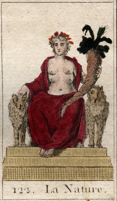 Representation of Nature as a woman on a throne with a horn of abundance, with many breasts to feed all beings. (The Nature as a young woman with a cornucopia and several teats in order to feed all the beings). From “Mythology of Youth” by Pierre Blanchard 作者 法语学校