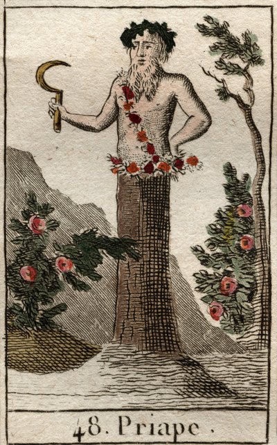 普里阿普的代表，放荡和生育之神，经常表现为阴茎巨大的勃起，手里拿着一把镰刀。(普里阿普斯，质朴的生育之神，常以永久勃起的阴茎为代表，他手持镰刀）。)摘自《神话》。 作者 法语学校
