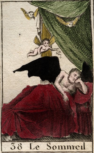 Representation of Sleep, resting eternally in a palace, near dreams wings. (Somnus, god of sleep, he sleeps in a palace surrounded by winged dreams) From “Mythologie de la jeunesse” by Pierre Blanchard 1803. 作者 法语学校