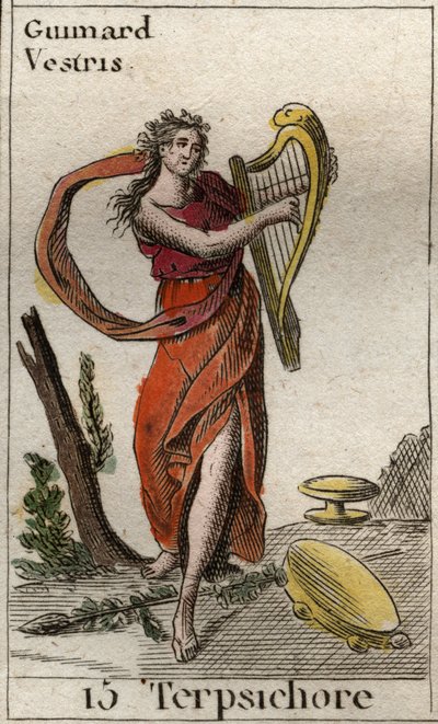 Terpsichore Representation of Terpsichore，舞蹈缪斯，她弹奏七弦琴（Representation of Terpsichore, Muse of dance，拿着七弦琴）。 出自 Pierre Blanchard 1803 年的《青春神话》。 作者 法语学校