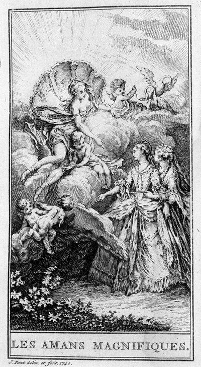 Jean Baptiste Poquelin dit Moliere (1622-1673)的作品 "Les lovers magnificients"（1670）的场景表现。1740年的版画。 作者 法语学校