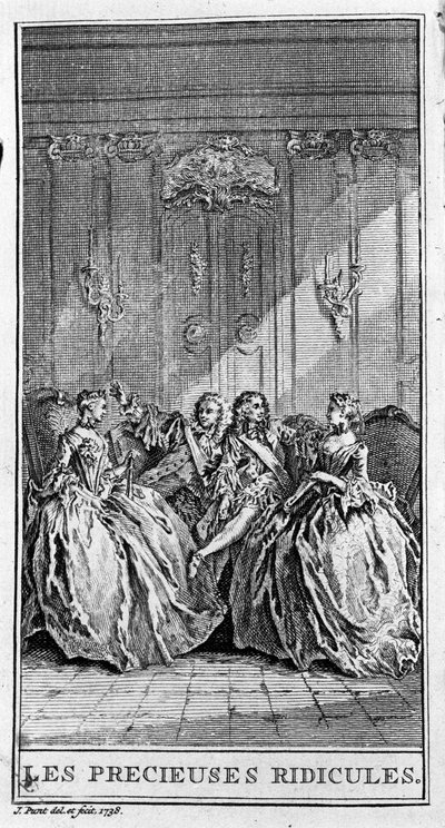 Jean Baptiste Poquelin dit Moliere (1622-1673)的作品 "珍贵的嘲笑"（1659年）的一个场景的表现。1738年的版画。 作者 法语学校