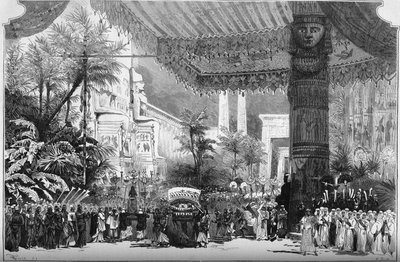 表现一部歌剧：朱塞佩-威尔第（1813-1901）的《阿依达》。底比斯城门前的斯芬克斯大道（第二幅画，第二幕）。拉瓦斯特-杨的装饰（让-巴蒂斯特-拉瓦斯特 作者 法语学校
