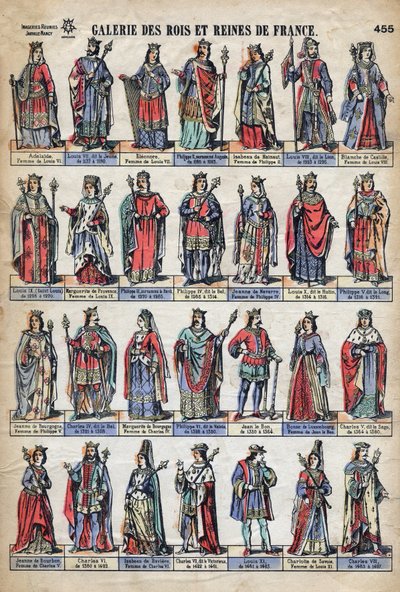 Representation of kings and queens of France from the Capetian dynasty (from Louis VII to Charles VIII). Illustration late 19th century. 作者 法语学校