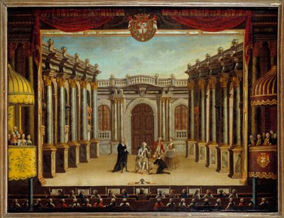 Jean Baptiste Poquelin dit Moliere（1622-1673）在西班牙梅诺卡剧院的“想象中的恶作剧”的表现； 现场的景色。 匿名绘画 作者 法语学校