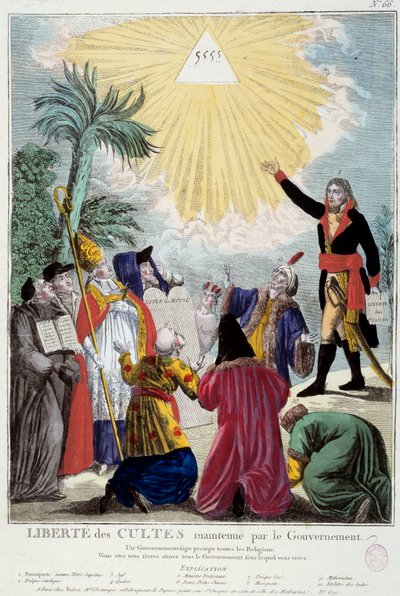 拿破仑-波拿巴（1769-1821）维护的所有宗教信仰自由的代表：第一执政官表示，三位一体的三角形象征着上帝由各宗教的代表来。天主教徒，一个犹太人，一个贵格会教徒。 作者 法语学校