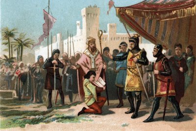 表现了哈迪国王菲利普三世（1270-1285年）设置的注销信件。1890年左右的彩色平版印刷。 作者 法语学校