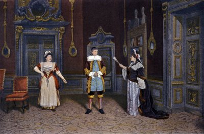 让-巴蒂斯特-波克林（Jean Baptiste Poquelin dit Moliere，1622-1673）的作品 "Les femmes savantes "在法国喜剧院的表现，大约在1885-1890年间。从左至右。雷切尔-博耶女士，勒鲁尔先生，布兰奇-皮尔森女士 作者 法语学校