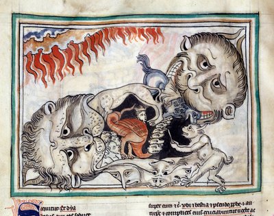 描绘地狱生物战胜地狱的微型画，取自 13 世纪法国学派阐释的《康布雷启示录》。 422女士。康布雷市图书馆 作者 法语学校