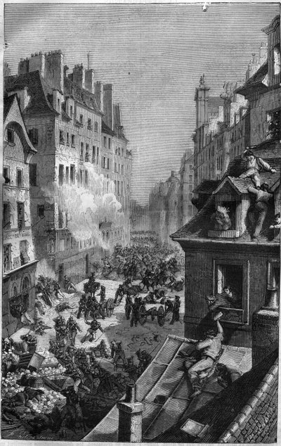 1830年的革命：在圣安托万大街的战斗。莫里斯-拉夏尔（Maurice Lachatre）的《历代教皇-资产-皇后和皇帝的历史》中的版画 作者 法语学校
