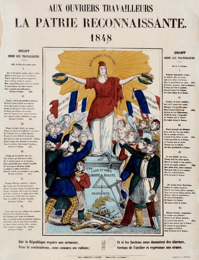 1848年革命和第二共和国的诞生：题为 "致工人，感恩的祖国 "的宣言和歌曲，共和国受到了工人们的欢迎。1848年 巴黎，卡纳瓦莱博物馆 作者 法语学校