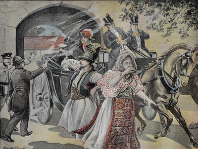 1899年7月7日，在索菲亚的街道上，对米兰-奥布雷诺维奇（1854-1901）前塞尔维亚国王（1882至1889）的左轮手枪袭击。1899年7月23日《Le Pelerin》杂志上的雕刻。 作者 法语学校