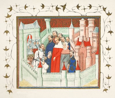 理查德二世在弗林特城堡被囚犯送到Bolingbroke，他的竞争对手，来自Le Prinse et Mort du Roy Richart的Jean Creton的传真副本，转载19世纪（颜色） 作者 法语学校