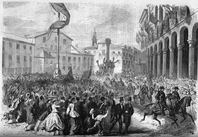 Risorgimento - 威尼西亚并入意大利 - 1866年：意大利国王维托里奥-埃马努埃莱二世（Victor Emmanuel II）（Victor Emmanuel）（1820-1878）进入罗维戈。1866年8月18日《世界画报》第488期上的版画。 作者 法语学校