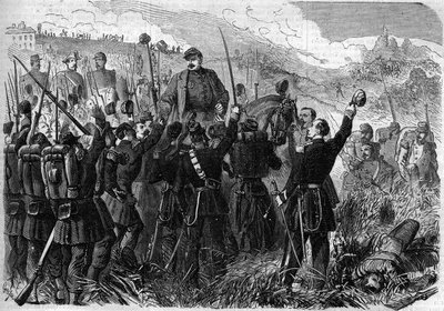 Risorgimento - Battle of Montebello della Battaglia (Italy), 21 May 1859: French general Elie Frederic Forey (1804 - 1872), commander of the Italian army, was triumphed by his soldiers after his victory over the Austrian army. Engraving in “” Le Monde Illu 作者 法语学校