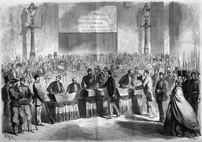 Risorgimento, Naples, 21 October 1860: vote of the population in the church of Saint Francois de Paule on the attachment of the city to the Kingdom of Italy. Engraving in “” Le Monde Illustré”” n°188 of 17 November 1860. 作者 法语学校