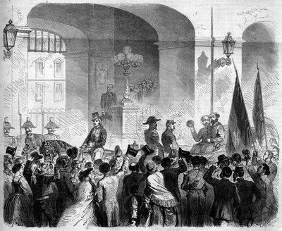 复兴运动，那不勒斯，1860年11月7日：意大利国王维克多-伊曼纽尔二世（Victor-Emmanuel）（Vittorio Emanuele）（1820-1878）在民众投票接受那不勒斯归属意大利王国后，进入那不勒斯王宫。 作者 法语学校