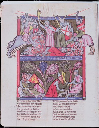 Roland在Roncevaux吹响号角，Le Chanson de Roland的插图，瑞士Saint-Gall保存的原稿的副本 作者 法语学校