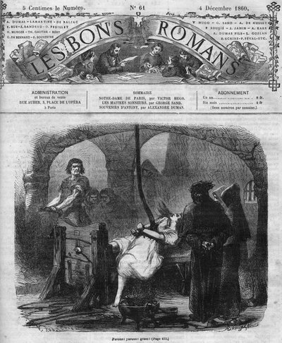 Roman serial: “” Notre Dame de Paris”” by Victor Hugo (1802-1885). Interrogation and torture of Esmeralda. Engraving in “” Les bons romances”” 作者 法语学校