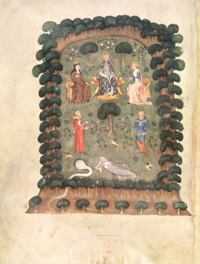 罗伊 19 C IV f.298 查尔斯五世在花园中登基，头戴王冠，手持权杖，选自《果园守护者之梦 作者 法语学校