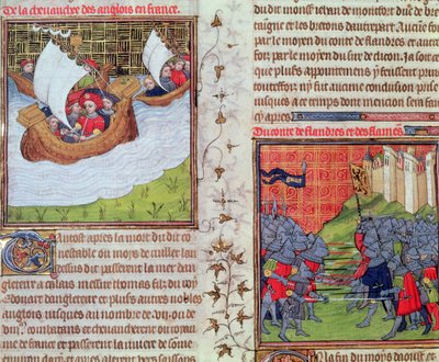 Roy 20 C VII f.219v 海上的英国人，根特人与弗兰德伯爵之战，14 世纪末（牛皮纸） 作者 法语学校