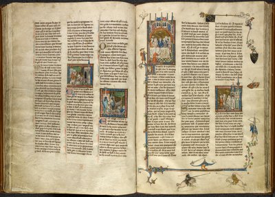 皇家 14 E. III, ff.88v-89 兰斯洛特从一口沸腾的井中取出他被斩首的祖父国王的头颅；一栋建筑倒塌压在两名骑士身上。右侧是亚瑟和吉娜薇在宴会上就坐的缩影，选自 "Estoire del Saint Graal"、 作者 法语学校