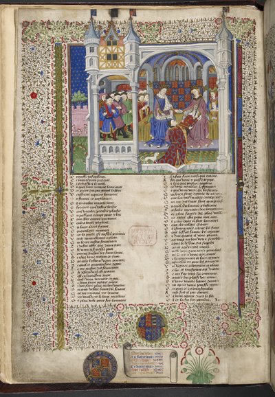 皇家 15 E. VI, f.2v 安茹的玛格丽特与她的丈夫亨利六世国王坐在一起，插图选自 "什鲁斯伯里塔尔博特浪漫故事集"，约 1445 年（牛皮纸上的墨水、彩色和金色）。 作者 法语学校