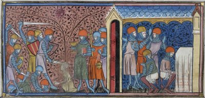 皇家 16 G. VI，f.185v 科尔多瓦曼苏尔的突袭，"Chroniques de France ou de Saint Denis"（牛皮纸）中的插图 作者 法语学校