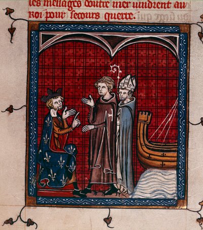 皇家 16 G. VI, f.337 国王菲利普二世和牧首，"Chronqiues de France ou de Saint Denis"（牛皮纸）插图 作者 法语学校