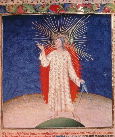 皇家 19 D III，f.3：被火包围的上帝与一对圆规，选自约 1411 年 Guyart des Moulins 创作的《圣经历史》（牛皮纸） 作者 法语学校