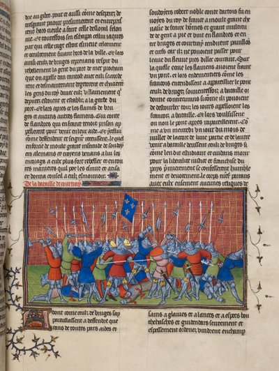 皇家 20 C. VII, f.34 Courtrai 战役，选自 "Chroniques de France ou de Saint Denis"（牛皮纸）的插图 作者 法语学校