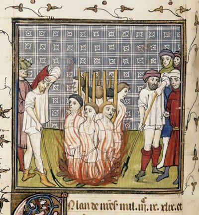 皇家 20 C. VII，f.44v 圣殿骑士的焚烧，插图来自“法国或圣丹尼斯编年史”（羊皮纸） 作者 法语学校