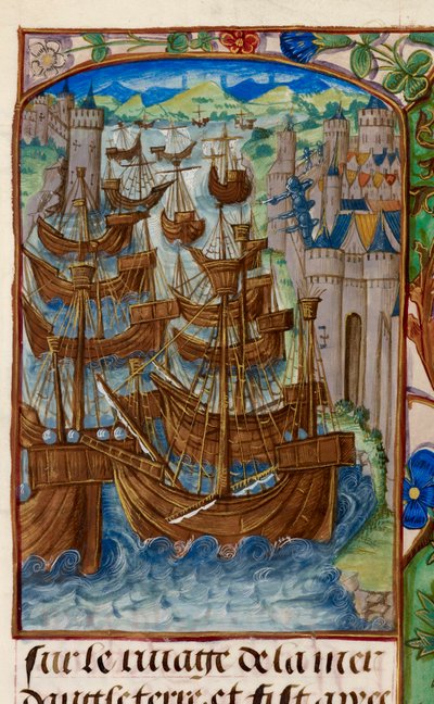 皇家 20 E.III，fol.186v，法国舰队在 Sluys 遭到攻击，选自 "Chroniques de France ou de Saint Denis"（《法国或圣德尼纪事》）。 作者 法语学校