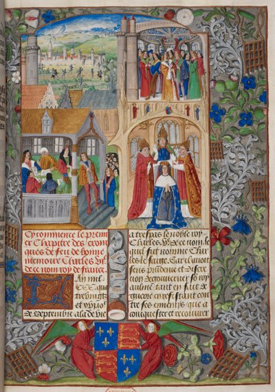 皇家 20 E. V, f.8 查理七世加冕，1487 年 "Chroniques de France ou de Saint Denis "中的场景（牛皮纸） 作者 French School