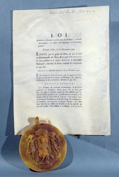 路易十六皇家法令确认法国主教和神父有义务宣誓效忠于1790年12月16日的神职人员（印刷纸和蜡封） 作者 法语学校