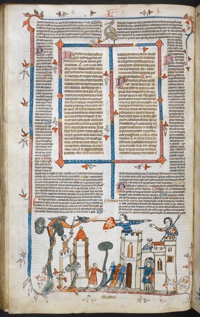 皇家 MS 10 E IV f.88v，龙攻击城堡的底版场景，约 1300-40 年（羊皮纸上的钢笔、墨水和蛋彩画） 作者 法语学校