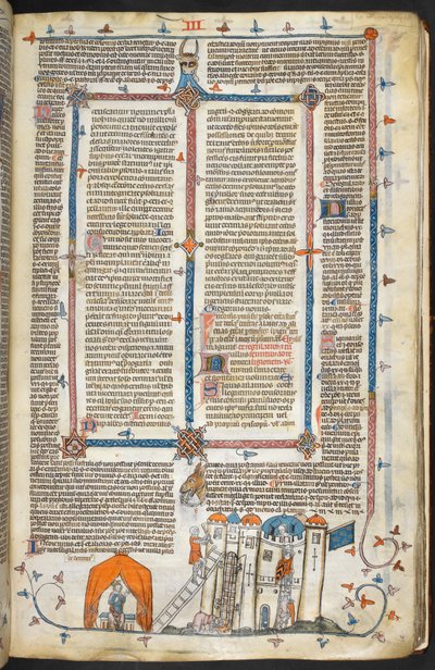 皇家 MS 10 iv f.202r 《攻击坚固城堡和边饰》，插图选自 "The Smithfield Decretals"（牛皮纸）。 作者 法语学校