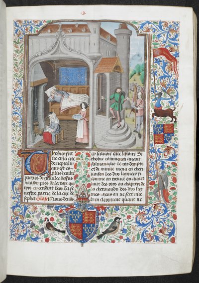 皇家 MS 15 D I f.18r 照顾病人的妇女，"Guyart des Moulins，La Bible historiale"，约 1470-79（牛皮纸上的墨水、彩色和金色）。 作者 French School