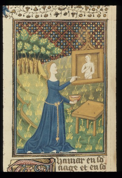 皇家 MS 16 G V f.068v 《De claris mulieribus》中的一页，乔瓦尼-薄伽丘的佚名法文译本（Le livre de femmes nobles et renomées），约 1440 年（牛皮纸上的彩色和金色）。 作者 法语学校