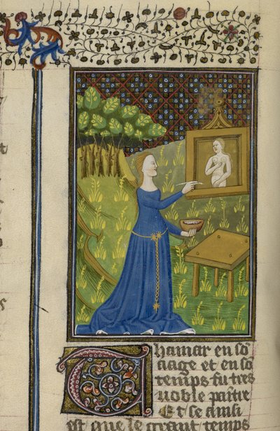 皇家 MS 16 G V f.68v 塔玛尔画的戴安娜女神，选自《De claris mulieribus，佚名法文译本（Le livre de femmes nobles et renomées）》，约 1440 年（牛皮纸）。 作者 法语学校