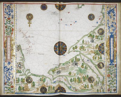 皇家 MS 20 E IX f.11v 至 f.12r 科莫林角至德尔加多角的亚洲和非洲海岸图，包括波斯湾和红海，选自让-罗茨的 "Boke of Idrography"（《罗茨地图集》），约 1535-42 年（牛皮纸上的墨水、彩色和金色）。 作者 法语学校