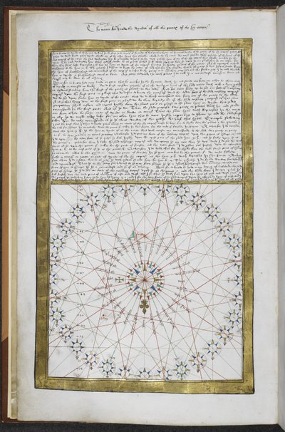 皇家 MS 20 E IX f.3v "The maner for to knowe the wyndis of all the pointes of the sey compas"，附风向玫瑰图，选自 "Boke of Idrography（《罗茨地图集》）"。 作者 法语学校
