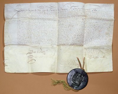 1635年创建法国学院的皇家法令（在牛皮纸上的墨水） 作者 法语学校