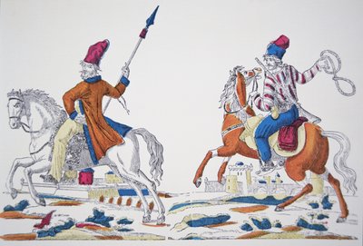 1812年拿破仑入侵时的俄罗斯哥萨克人（彩色平版印刷）。 作者 法语学校
