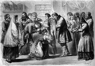 俄罗斯习俗--婚礼--1860年：婚前仪式。教父和教母祝福未来的婚姻。教父向他们赠送基督或圣母的形象，象征着宗教的神圣性。教母拿着面包和盐放在新人的头上。 作者 法语学校