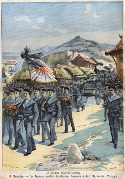 日俄战争 在切穆尔波，日本人向维拉格号的两名水手致以最后的荣誉。4月3日的《小巴黎人》杂志 作者 法语学校