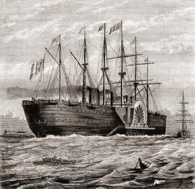 SS Great Eastern，由 Isambard Kingdom Brunel 设计的铁制帆船蒸汽船，来自 Les Merveilles de la Science，出版于 1870 年（雕刻） 作者 法语学校